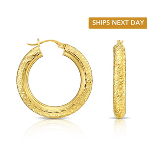 14K Yellow Gold Tornado Hoop Earrings, Bold 4Mm Chunky Gold Hoops, TILO Special Hand Engraved Designer Hoops, 1 Inch Hoops