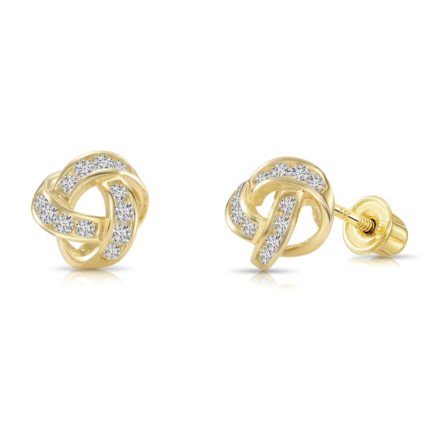Solid 14K Gold Brilliant CZ Love Knot Twist Studs, 7Mm, with Screwbacks