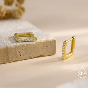 CZ Pave Square Huggie Hoop in Sterling Silver, Skinny Geometric Hoop Earrings, Gold or Silver Finish, 8Mm Minimalist Hoops