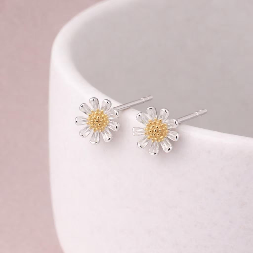 Sterling Silver and Gold Daisy Stud Earrings – 10Mm