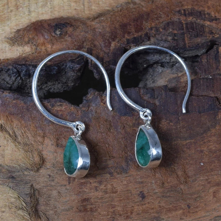 Emerald Hoop Earrings: 925 Sterling Silver Pear Drop, May Birthstone
