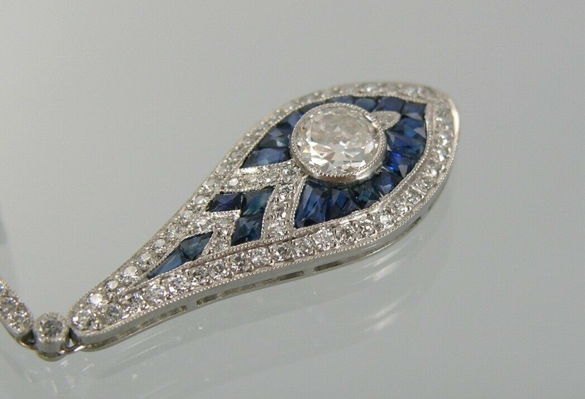 Art Deco Sapphire Dangle Drop Earring, Two Tone Lever Back Earring, Blue Baguette & Old European Cut Diamond Earring, Retro Navette Earrings