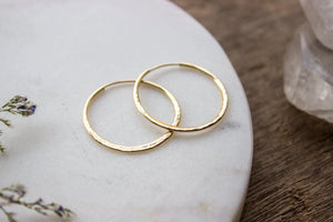 Hammered Gold Hoop Earrings, Textured Small Gold Earring Hoops, Medium 14K Gold Filled Simple Hoops, Hand Forged 25Mm - #04AE-05-043