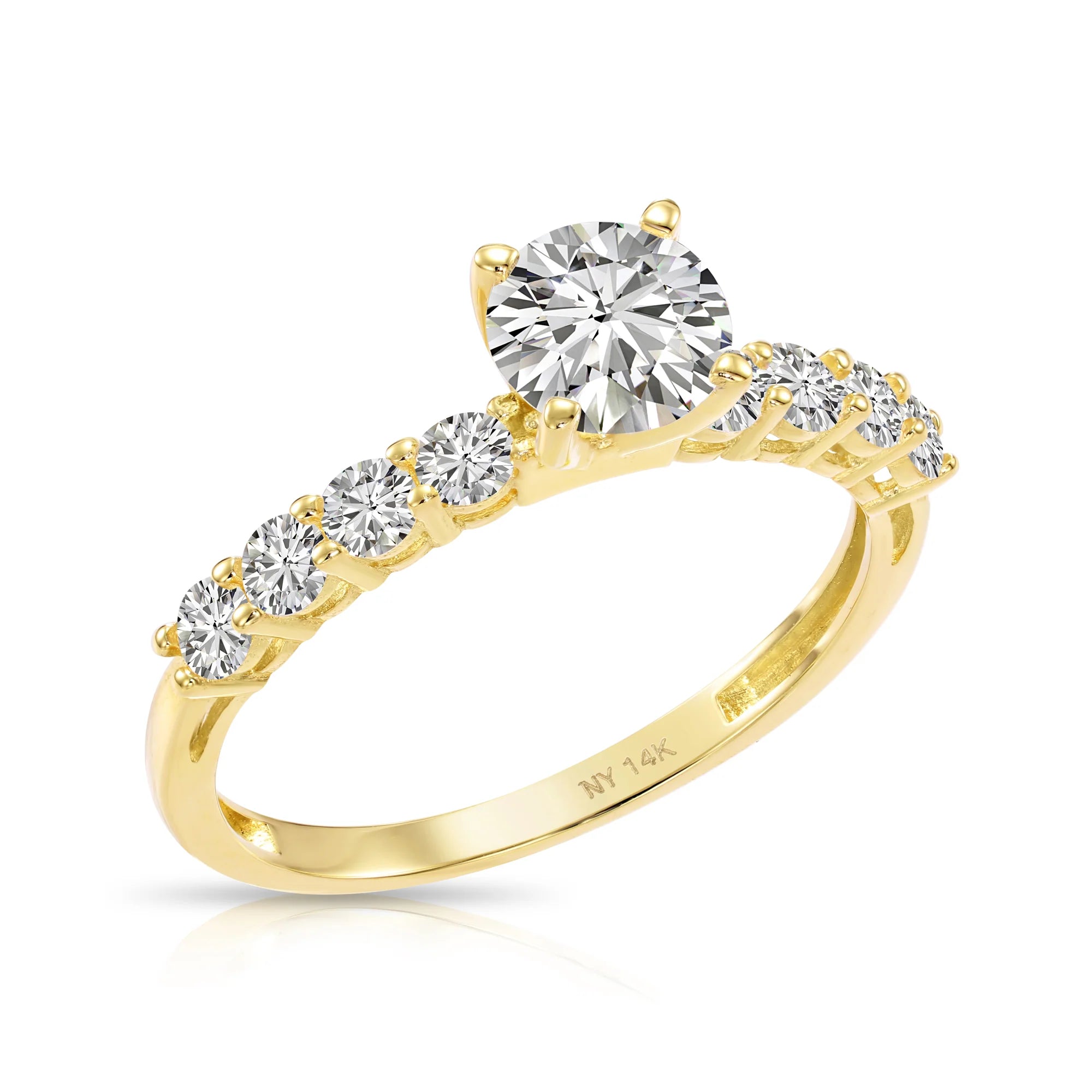 14K Yellow Gold Solitaire round Brilliant 1 Carat Engagement Ring with Side Stones