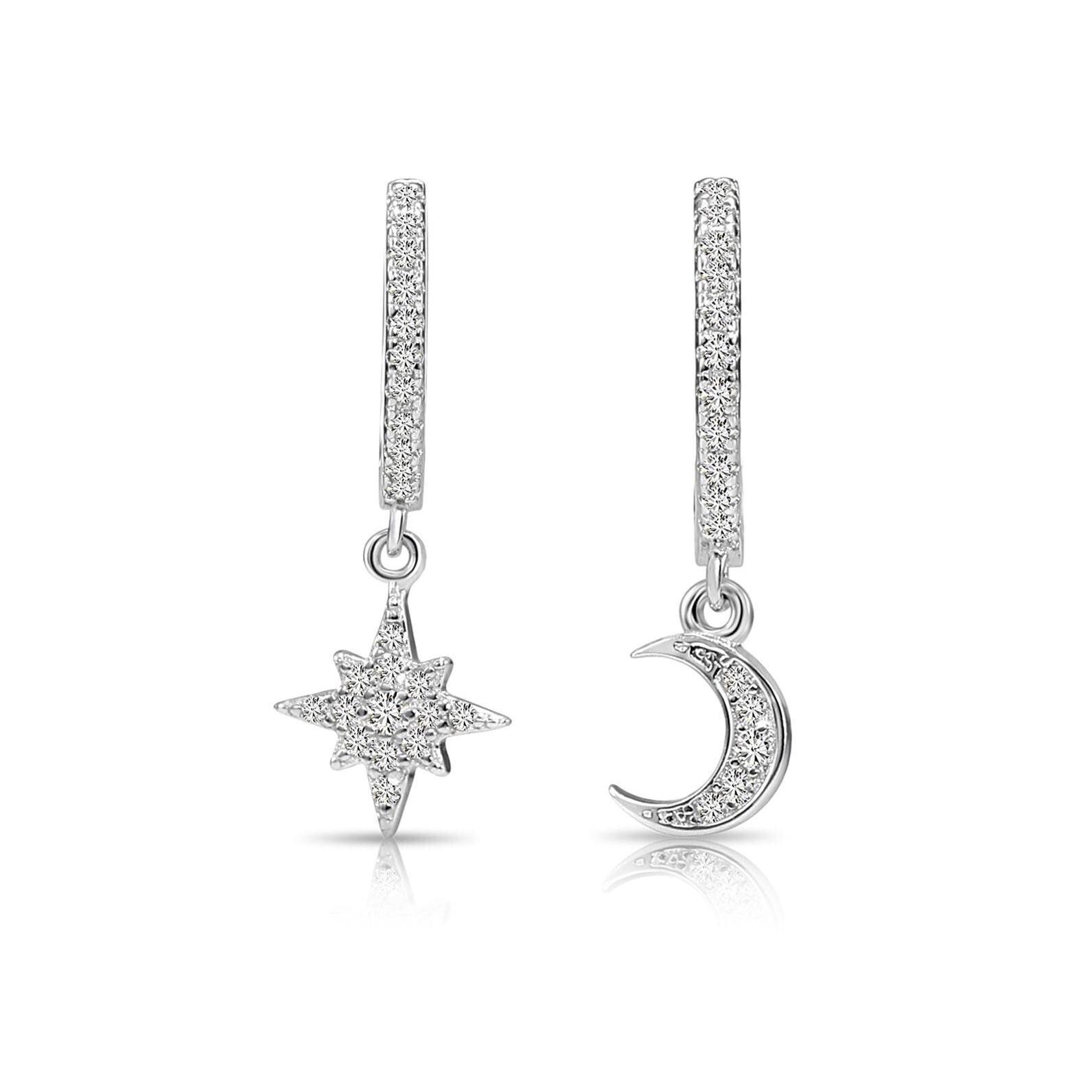 Sparkling 925 Sterling Silver Pave Star & Moon Dangle Huggie Hoop Earrings.