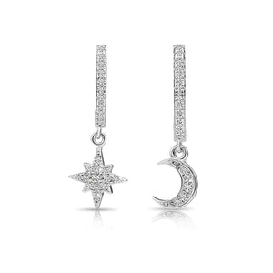 Sparkling 925 Sterling Silver Pave Star & Moon Dangle Huggie Hoop Earrings.