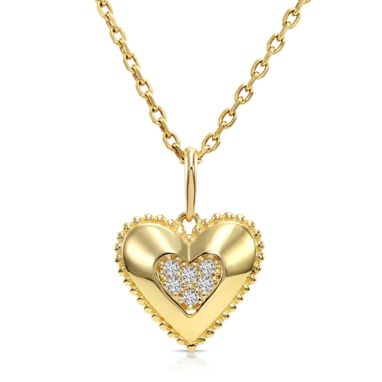 Elegant 14K Yellow Gold Heart Pendant Necklace Adorned with 0.15 Carats of Lab Diamonds.