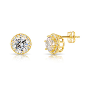 10K Yellow Gold Solitaire Halo Pushback Stud Earrings
