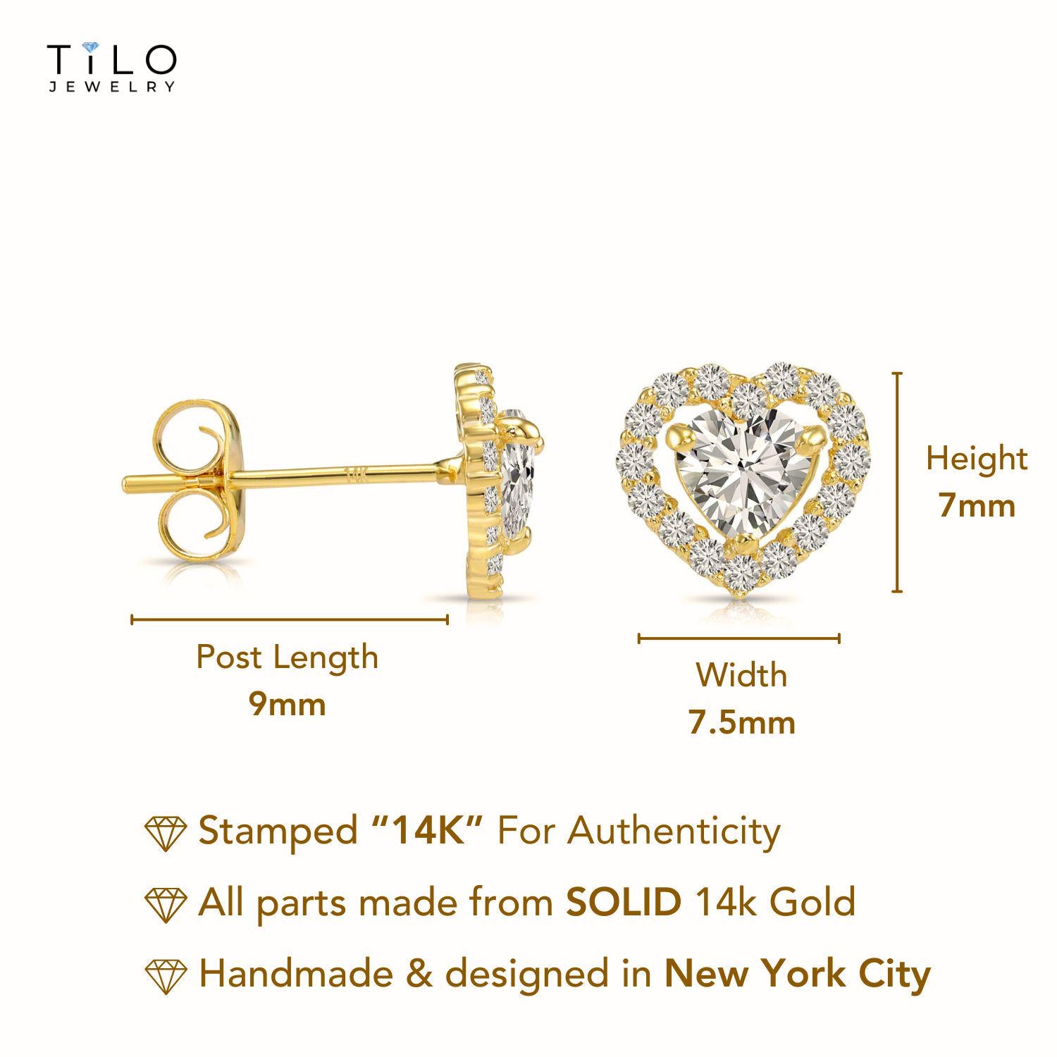 14K Yellow Gold Heart Halo CZ Stud Earrings, with Secure Butterfly Push-Backs, Solid 14K Gold Dainty Heart Studs, by TILO Jewelry