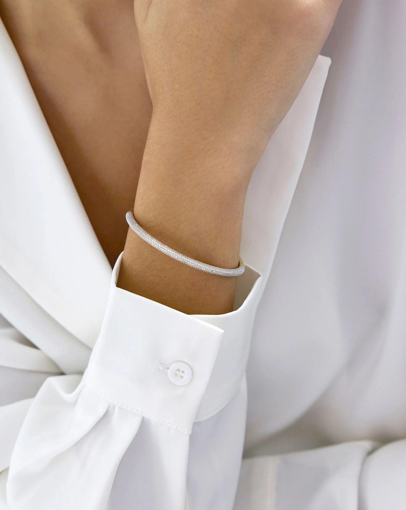 Stunning Pavé Diamond Stackable Gold Cloud Bangle for Effortless Elegance.