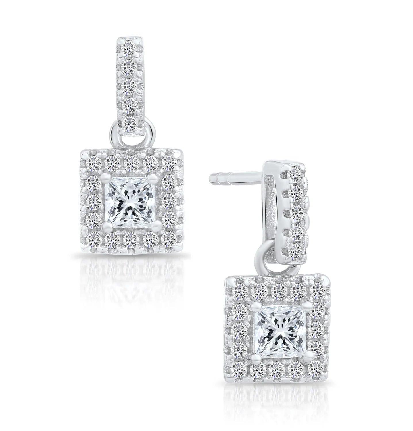 Elegant Sterling Silver CZ Square Princess Dangle Stud Earrings.