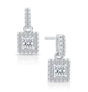 Elegant Sterling Silver CZ Square Princess Dangle Stud Earrings.