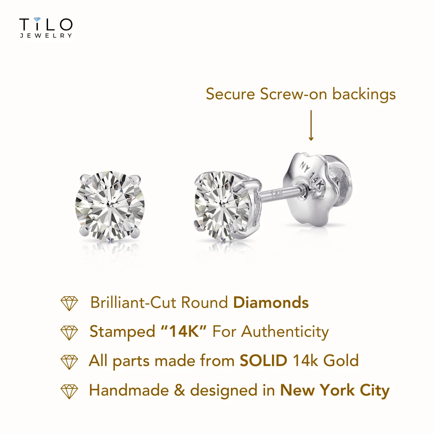 14K White Gold round Brilliant-Cut Lab Diamond Stud Earrings, Screwback