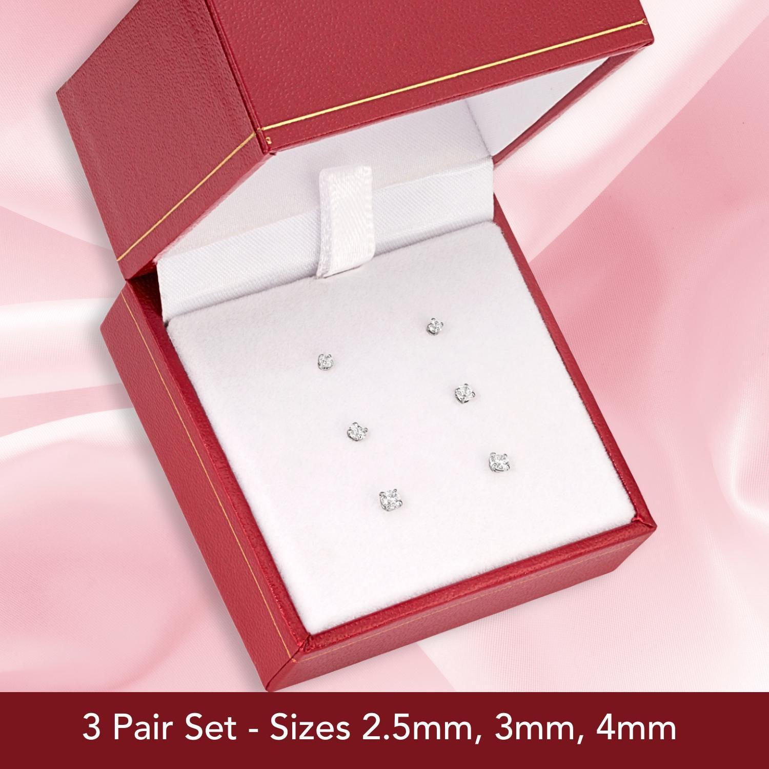 Elegant 14K Solid White Gold Screw Back Round CZ Basket Set Stud Earrings - Set of 3 Pairs.