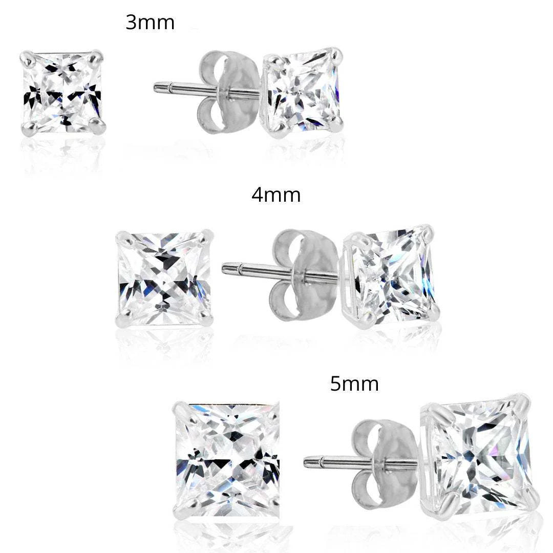Bundle SET of 3! 14K Solid Gold Earrings, Square CZ Studs Sizes 3Mm, 4Mm, 5Mm, with Pushbacks
