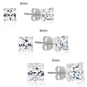 Bundle SET of 3! 14K Solid Gold Earrings, Square CZ Studs Sizes 3Mm, 4Mm, 5Mm, with Pushbacks