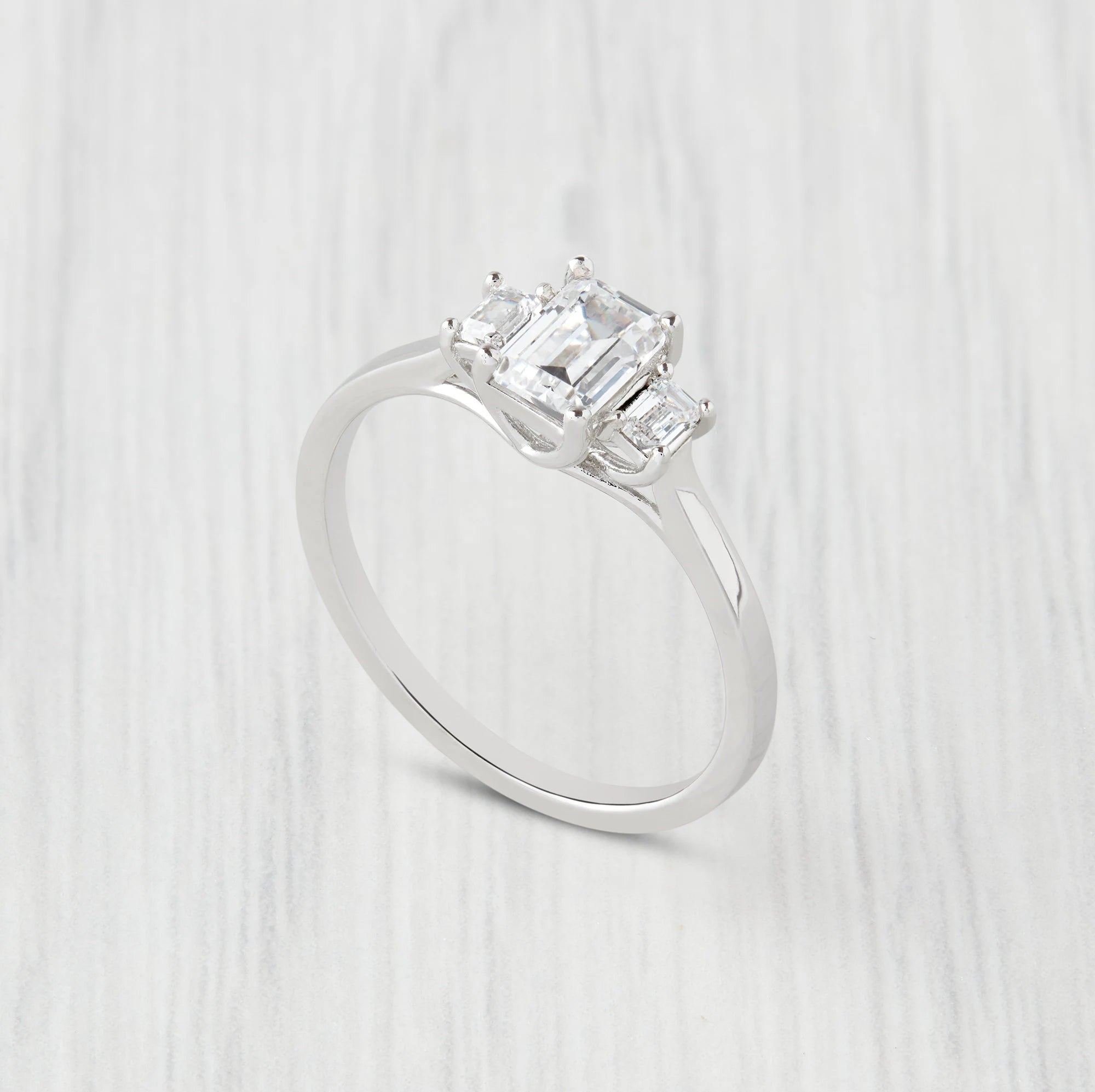 Man Made Diamond Emerald Cut 3 Stone Trilogy Ring Ring Available in Sterling Silver or White Gold Filled - Engagement Ring