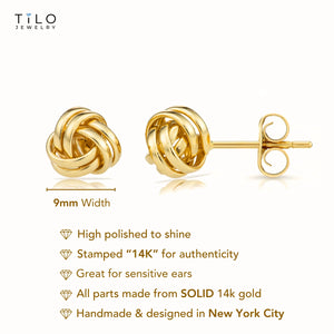 14K Gold Polished Love Knot Stud Earrings, 9Mm, Pushback Studs