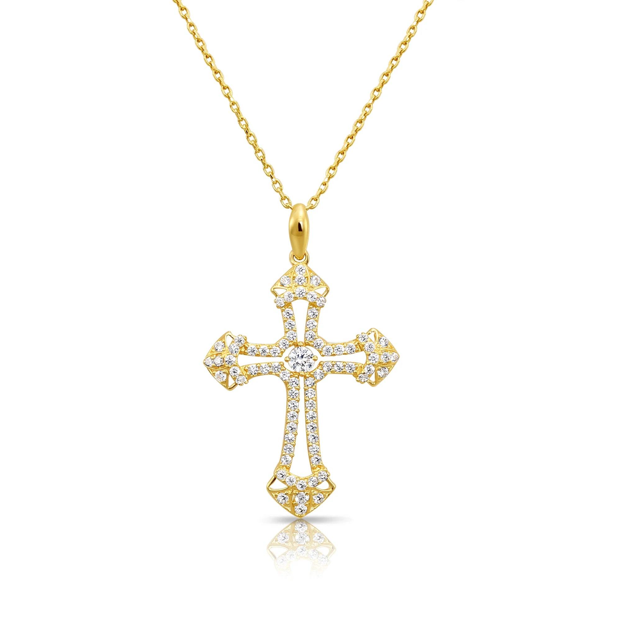 Stunning 14K Solid Yellow Gold CZ Cross Pendant Necklace with 18" Cable Chain.