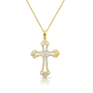 Stunning 14K Solid Yellow Gold CZ Cross Pendant Necklace with 18" Cable Chain.