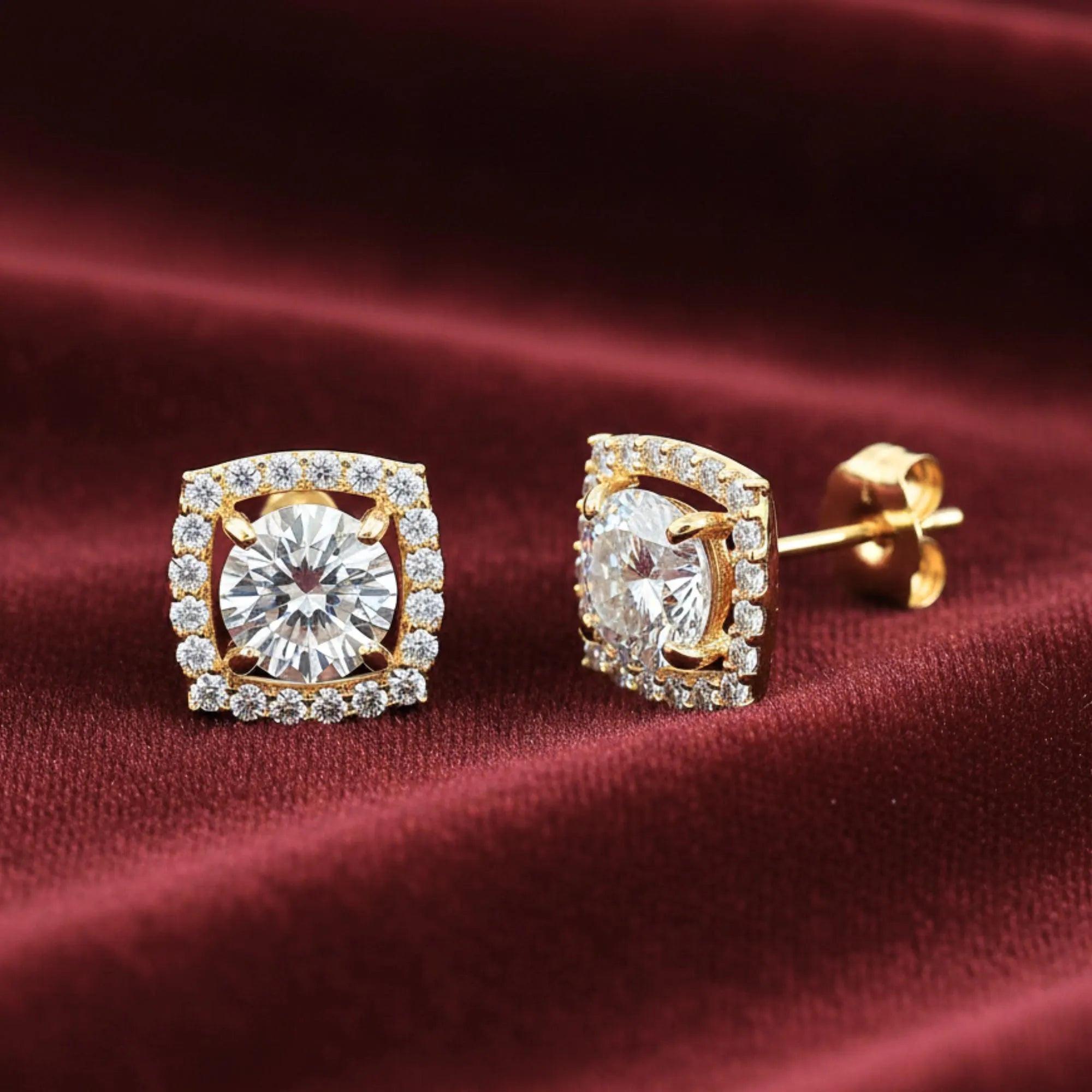Stunning 14K Solid Yellow Gold Round CZ Halo Stud Earrings - Brilliant Cushion Design with Secure Pushbacks by TILO Jewelry.