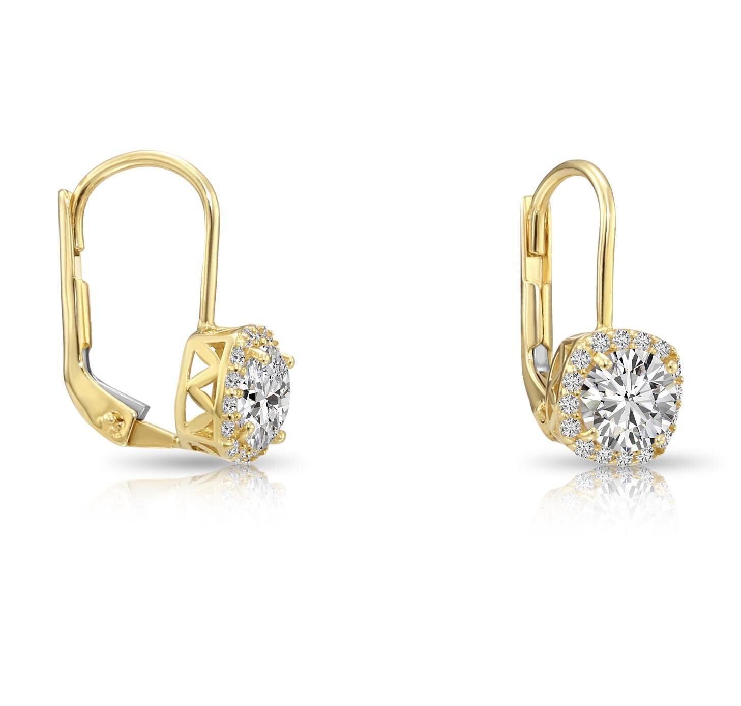 Stunning 14K Solid Gold Halo Cushion Drop Dangle Earrings with Secure Lever-Backs.