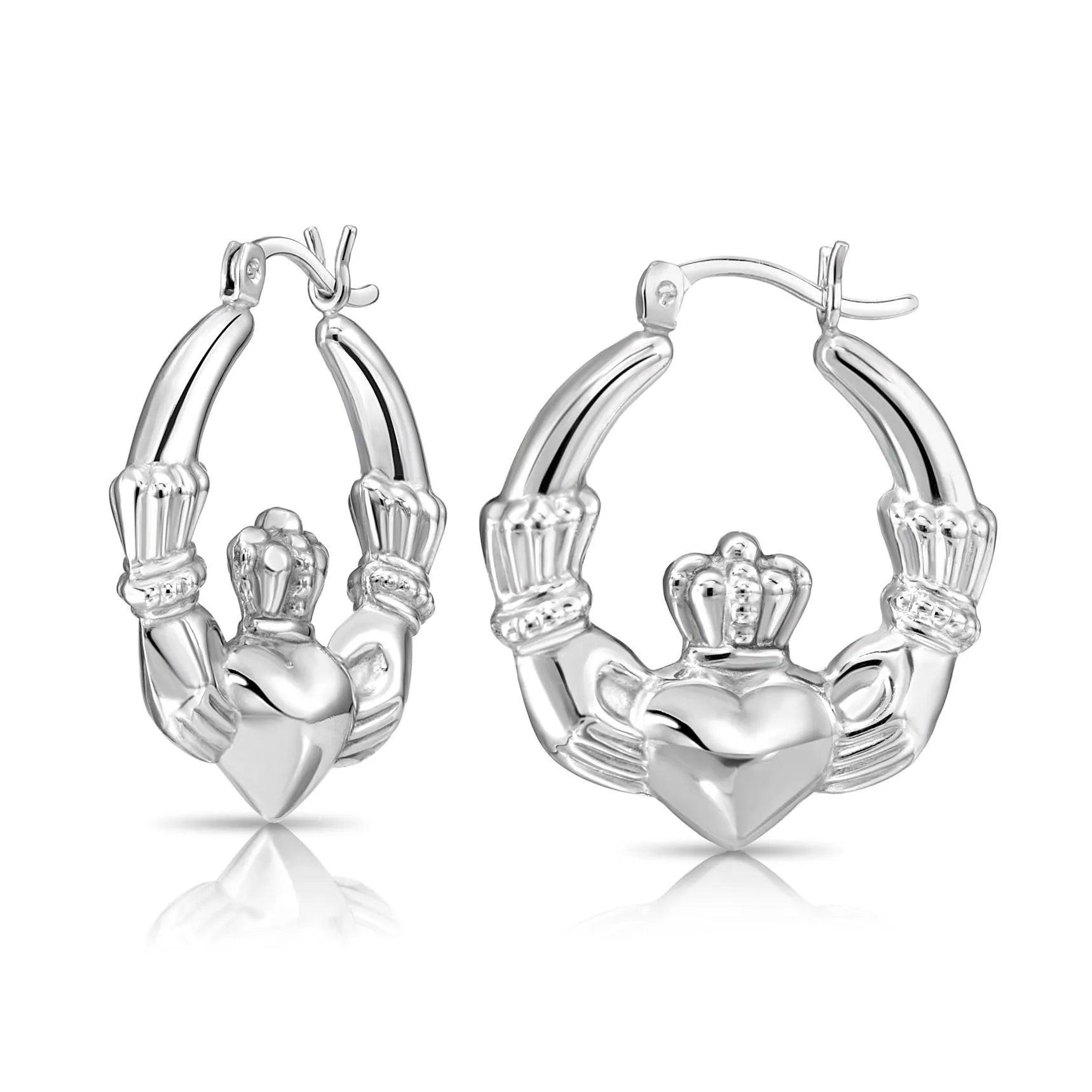 925 Sterling Silver Heart Crown Claddagh Hoop Earrings - Irish Friendship & Love Design.
