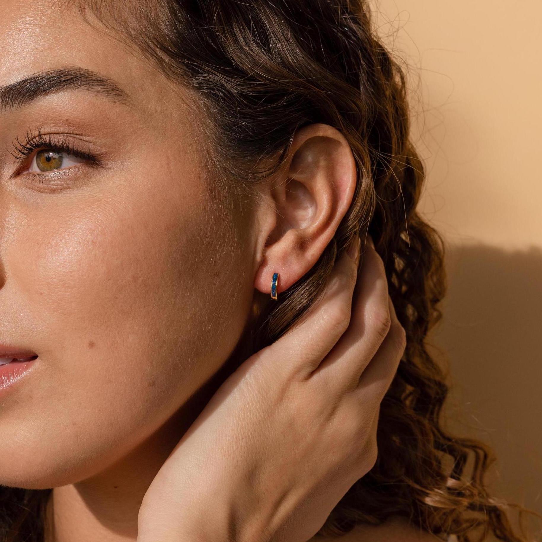 Opal Inlay Huggie Earrings Set by Caitlyn Minimalist • Dainty White Opal Earrings • Blue & Green Gemstone Hoops • Gifts for Wife • ER212