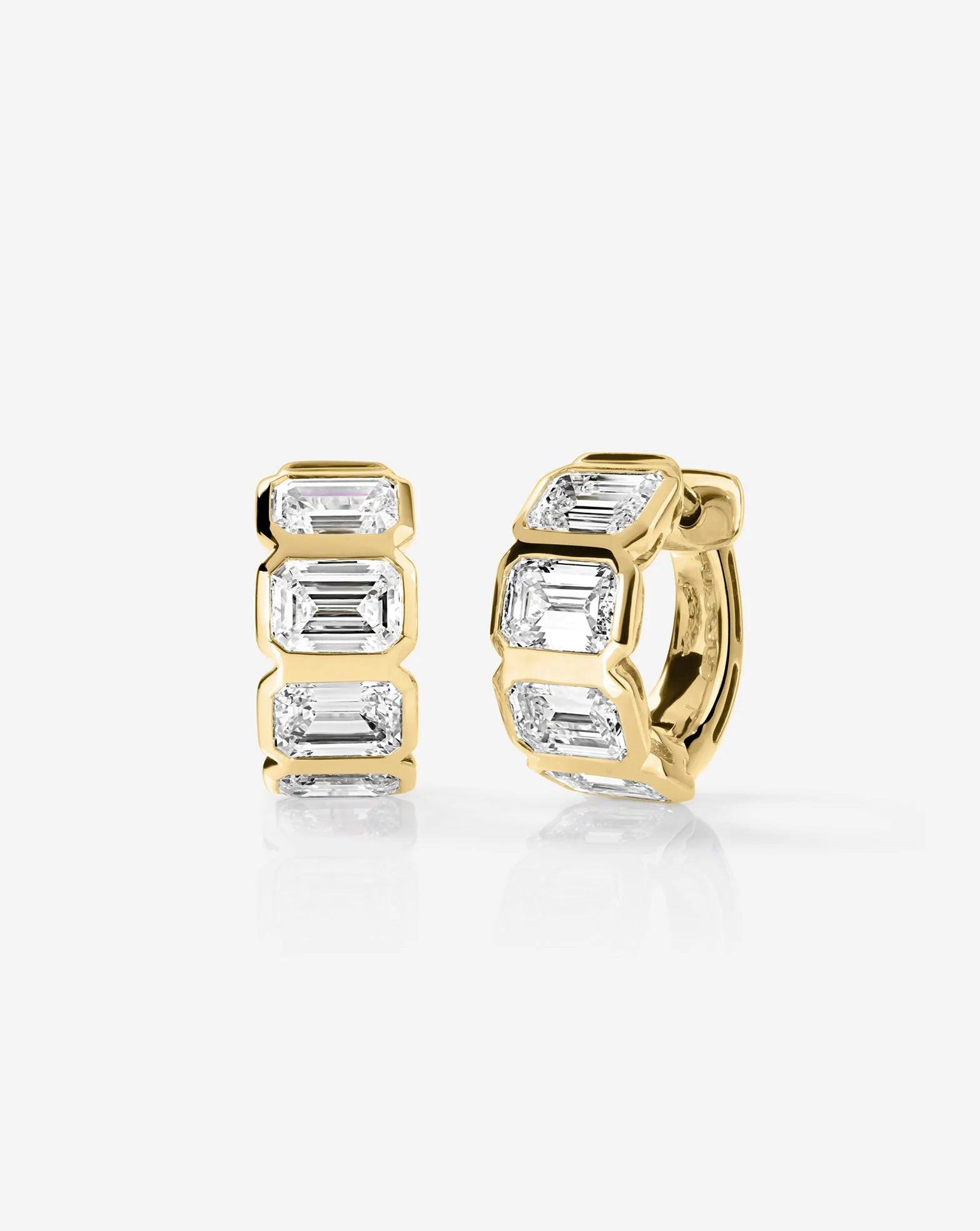 Stunning Bezel-Set Emerald Lab Diamond Huggie Earrings.