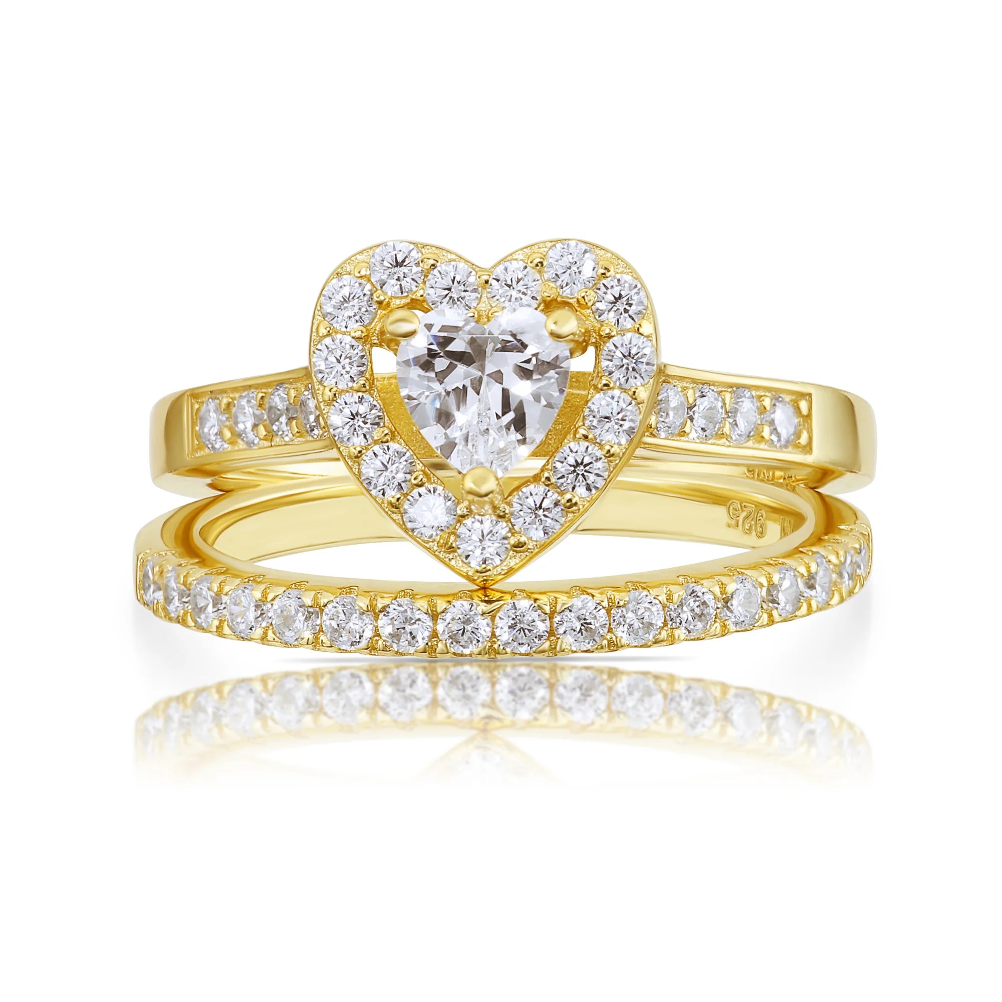 CZ Heart Engagement Ring Set, Gold Plated in Sterling Silver