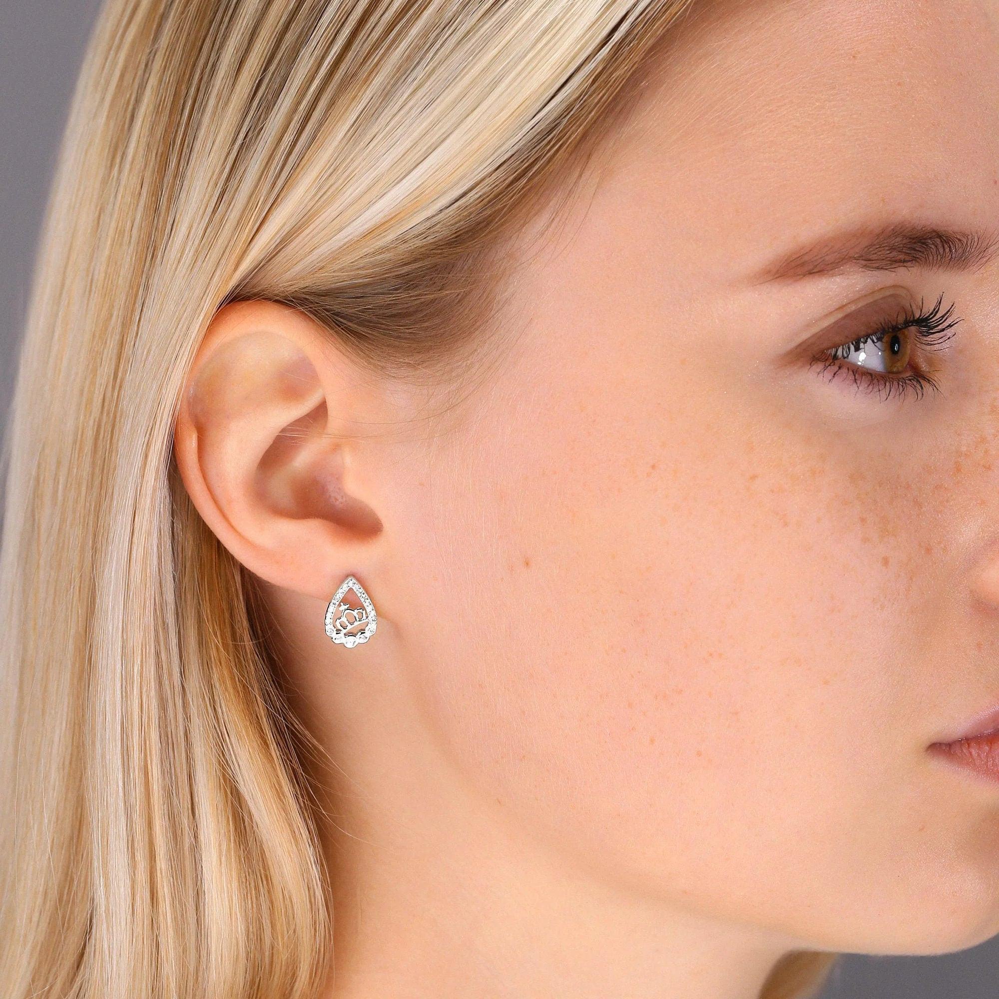Sparkling CZ Princess Crown Teardrop Stud Earrings in Sterling Silver.
