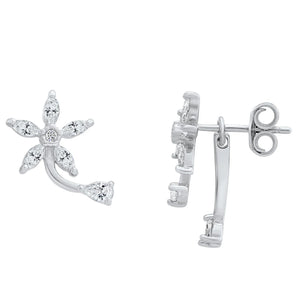 CZ Daisy Flower Stud Earrings, Two Leaf in Sterling Silver
