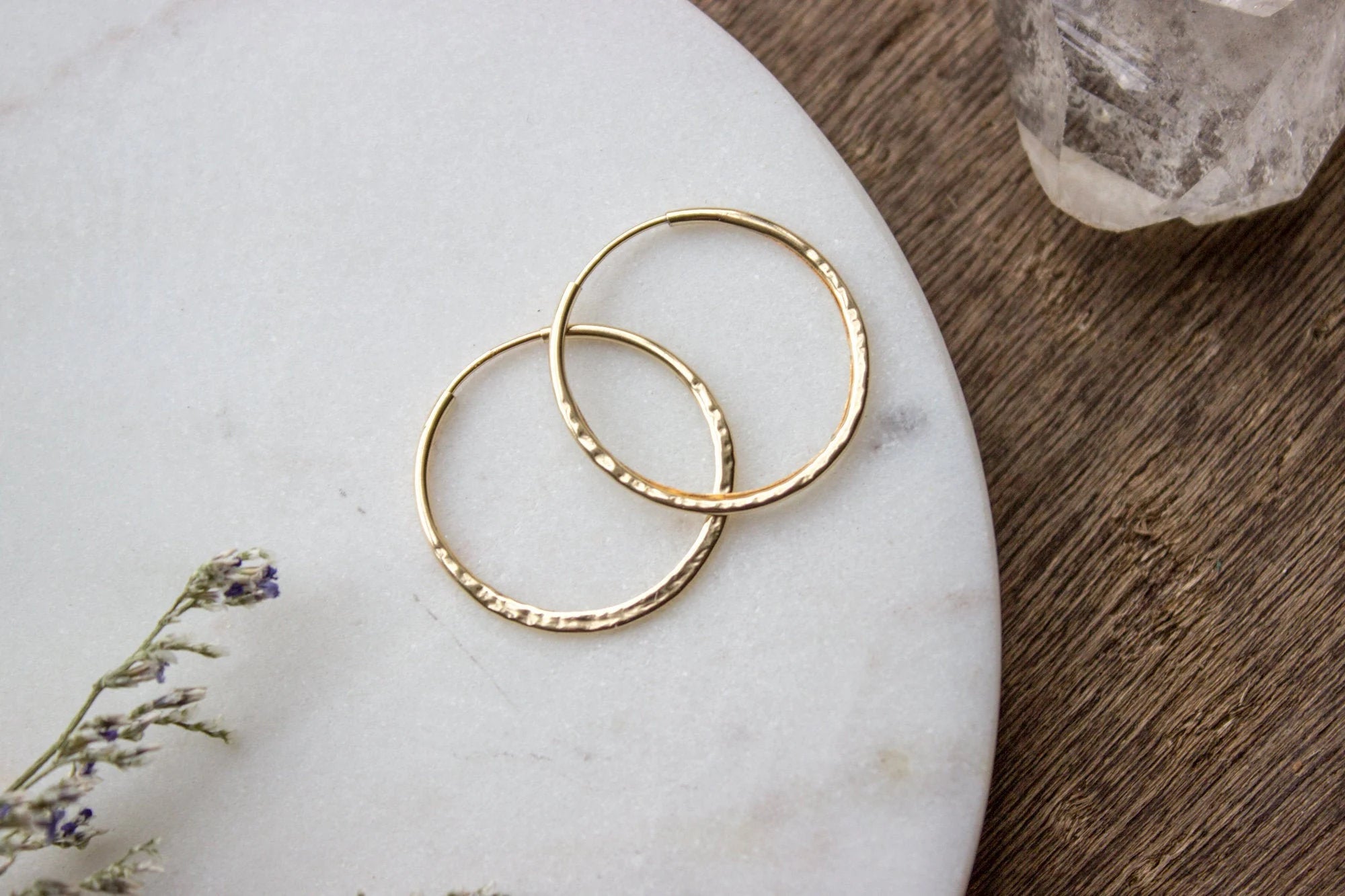 Hammered Gold Hoop Earrings, Textured Small Gold Earring Hoops, Medium 14K Gold Filled Simple Hoops, Hand Forged 25Mm - #04AE-05-043