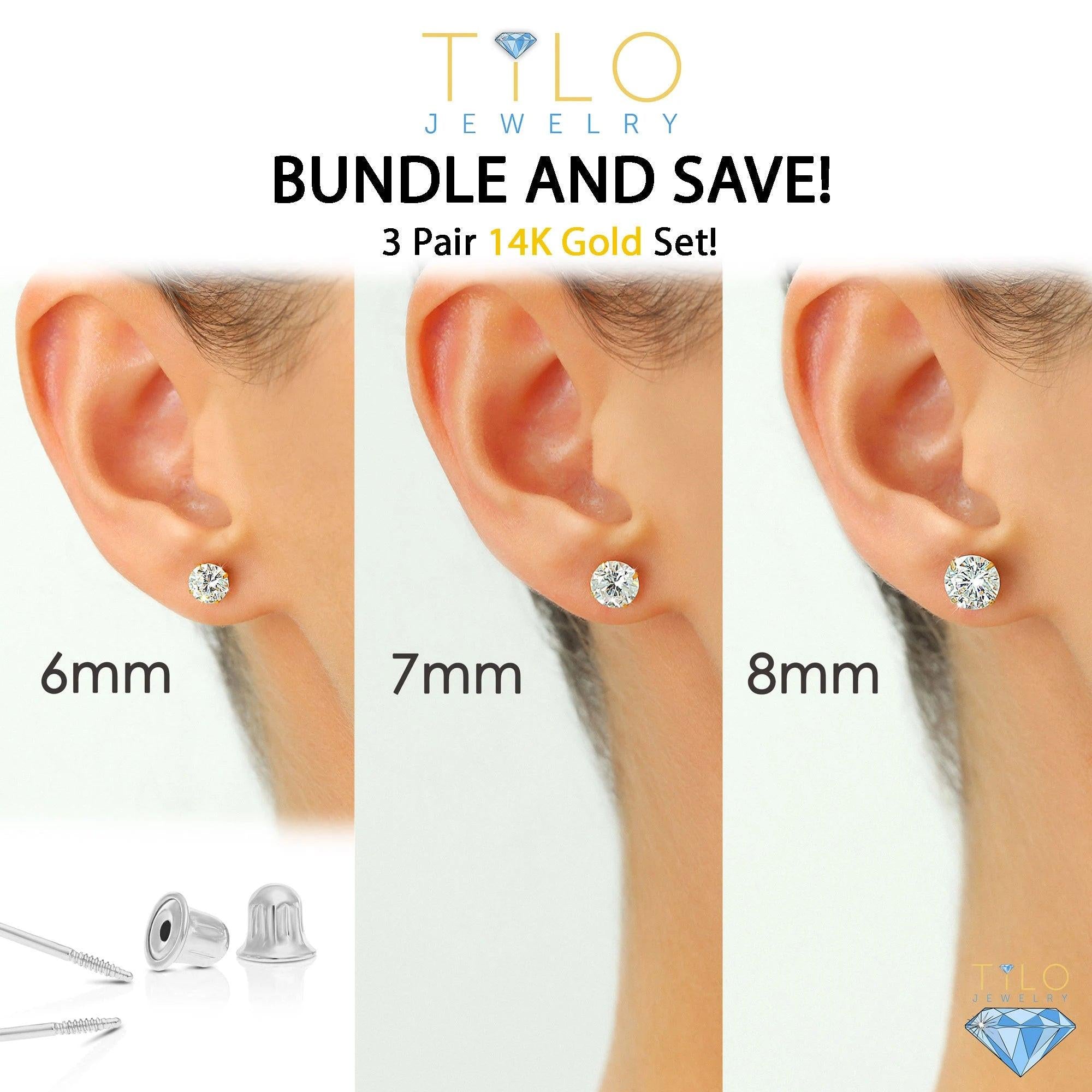 Elegant 14K Solid White Gold Screw Back Round CZ Basket Set Stud Earrings - Set of 3 Pairs.