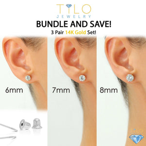Elegant 14K Solid White Gold Screw Back Round CZ Basket Set Stud Earrings - Set of 3 Pairs.