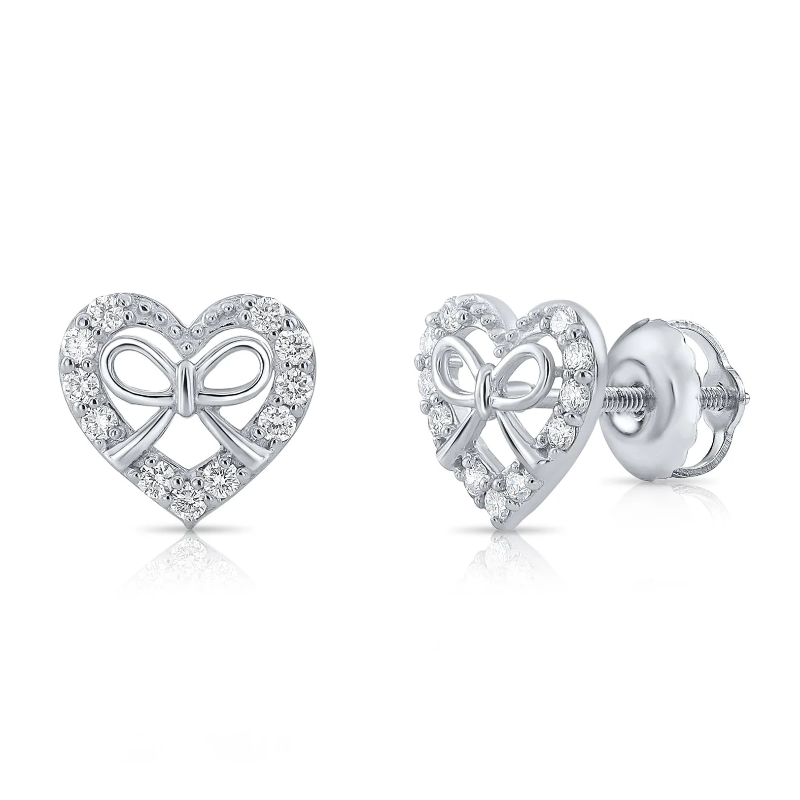 14K White Gold Heart & Ribbon Lab Diamond Studs, 0.20Ctw, Screwback