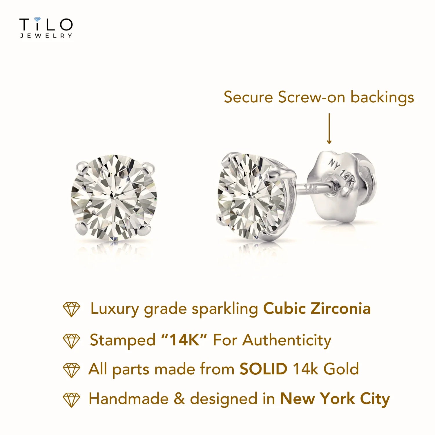 14K White Gold Classic Solitaire Simulated Diamond Studs, Screwback
