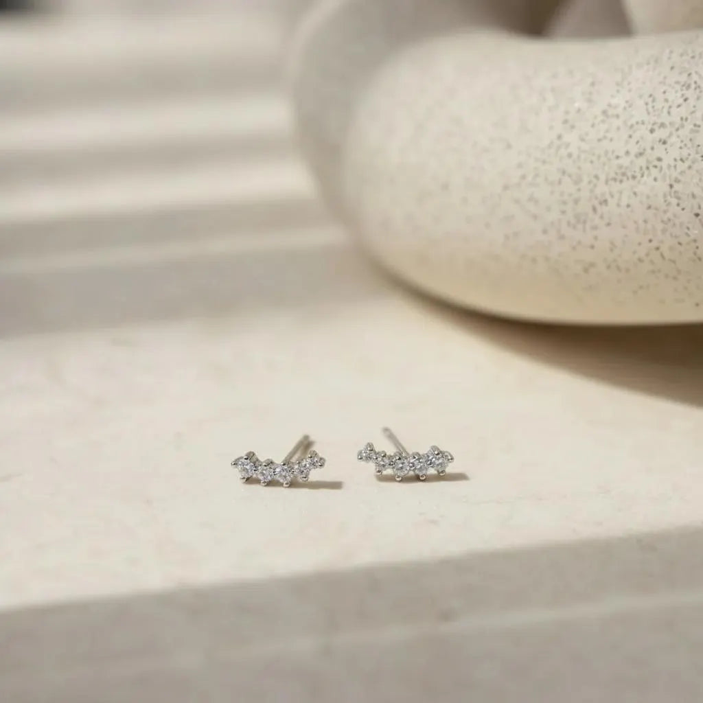 Dainty Ear Climber Earrings • CZ Diamond Curved Studs • 18K Gold Sterling Silver • Minimalist Crawler Earrings • Gift for Her, JE04
