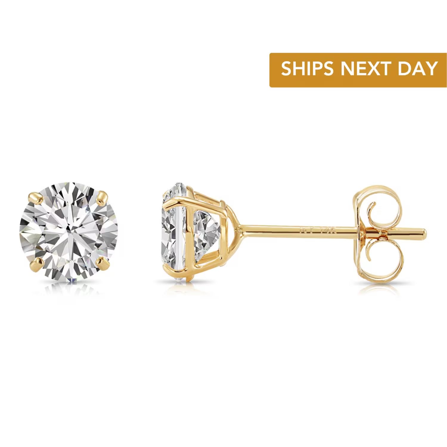 14K Solid Yellow Gold Basket Set round CZ Stud Earrings, Push Back Simulated Diamond Studs, Sleeper Cz Studs, Unisex, by TILO Jewelry