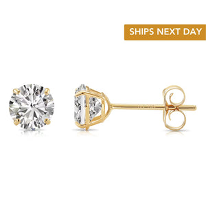 14K Solid Yellow Gold Basket Set round CZ Stud Earrings, Push Back Simulated Diamond Studs, Sleeper Cz Studs, Unisex, by TILO Jewelry