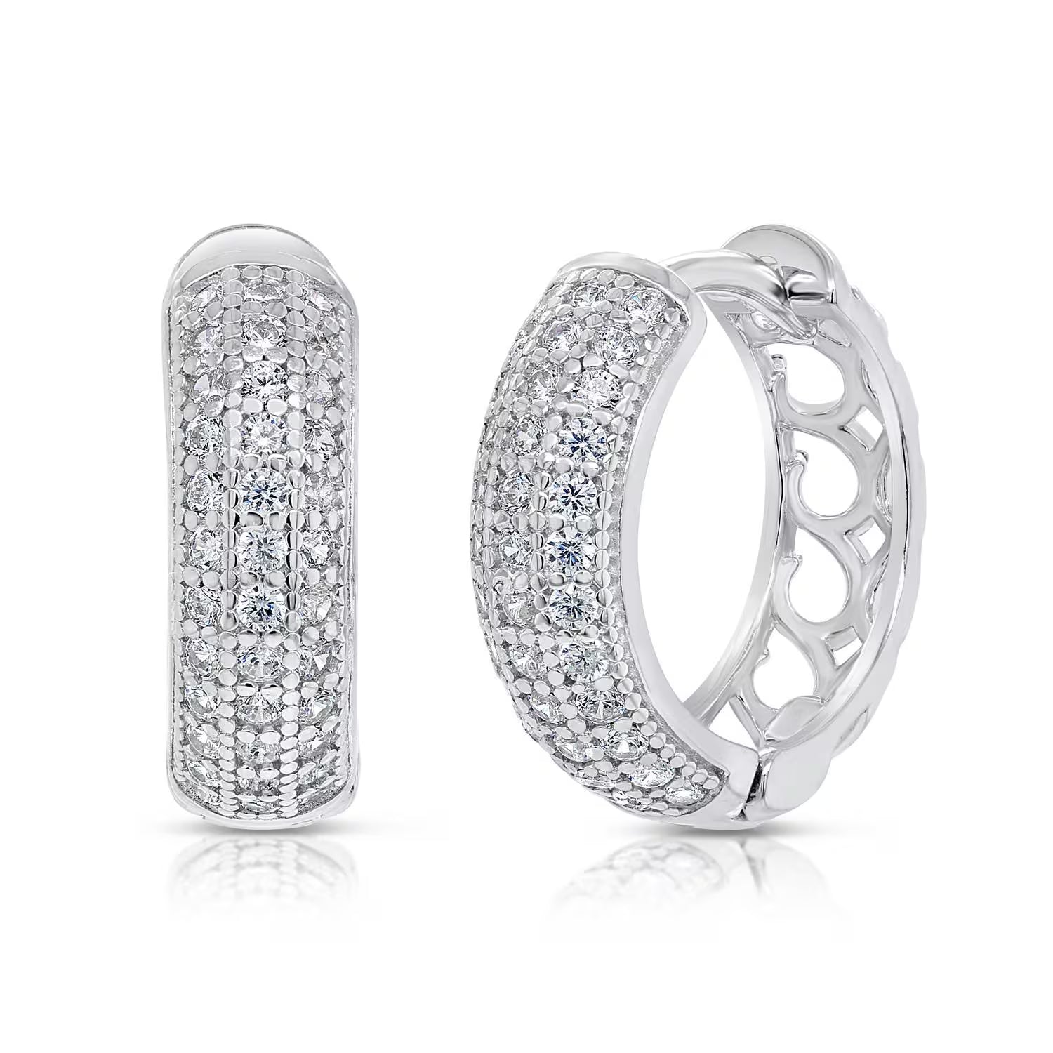 925 Sterling Silver Pave CZ Huggies Hoop Earrings, 15Mm Height, Small Silver Huggie Earrings, Made by TILO Jewelry
