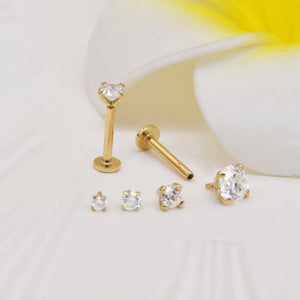 14K Solid Gold Solitaire Diamond Cartilage Earring Labret Flat Back Moissanite Tragus Internal Threaded Helix Piercing Conch Nose Stud