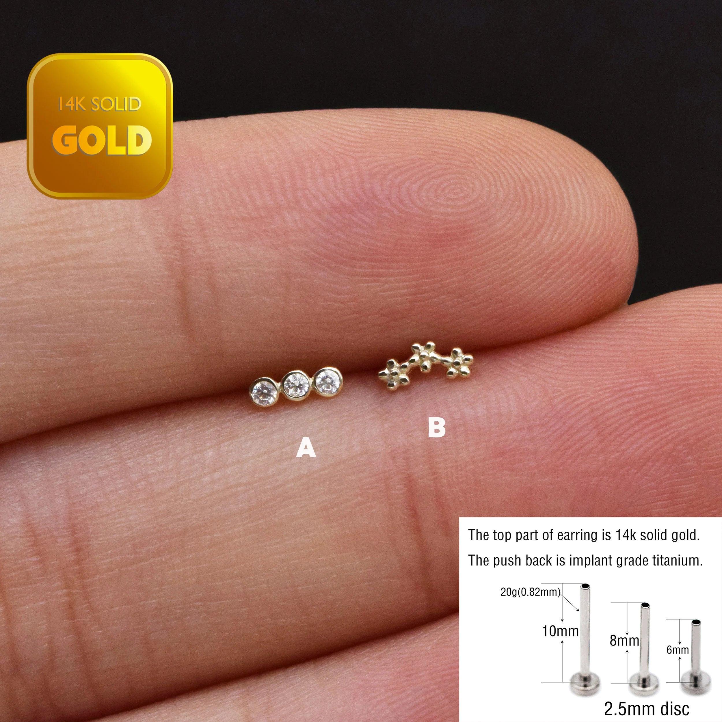 14K Solid Gold Trinity CZ Flat Back Stud Earring – Dainty Flower Sparkle for Cartilage, Helix, Tragus & Lobe Piercings.