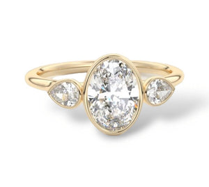 2Ct Oval Cut Moissanitethree Stone Ring, Engagement Ring, 14K Solid Gold Ring, Wedding Ring
