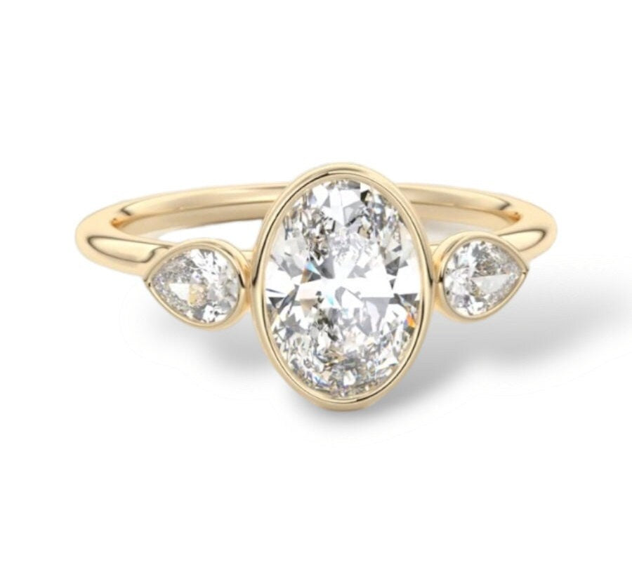 2Ct Oval Cut Moissanitethree Stone Ring, Engagement Ring, 14K Solid Gold Ring, Wedding Ring