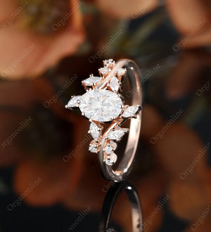 Oval Moissanite Engagement Ring Vintage Unique Marquise Cut Diamond Cluster Ring Rose Gold Engagement Ring Leaf Ring Bridal Ring Anniversary