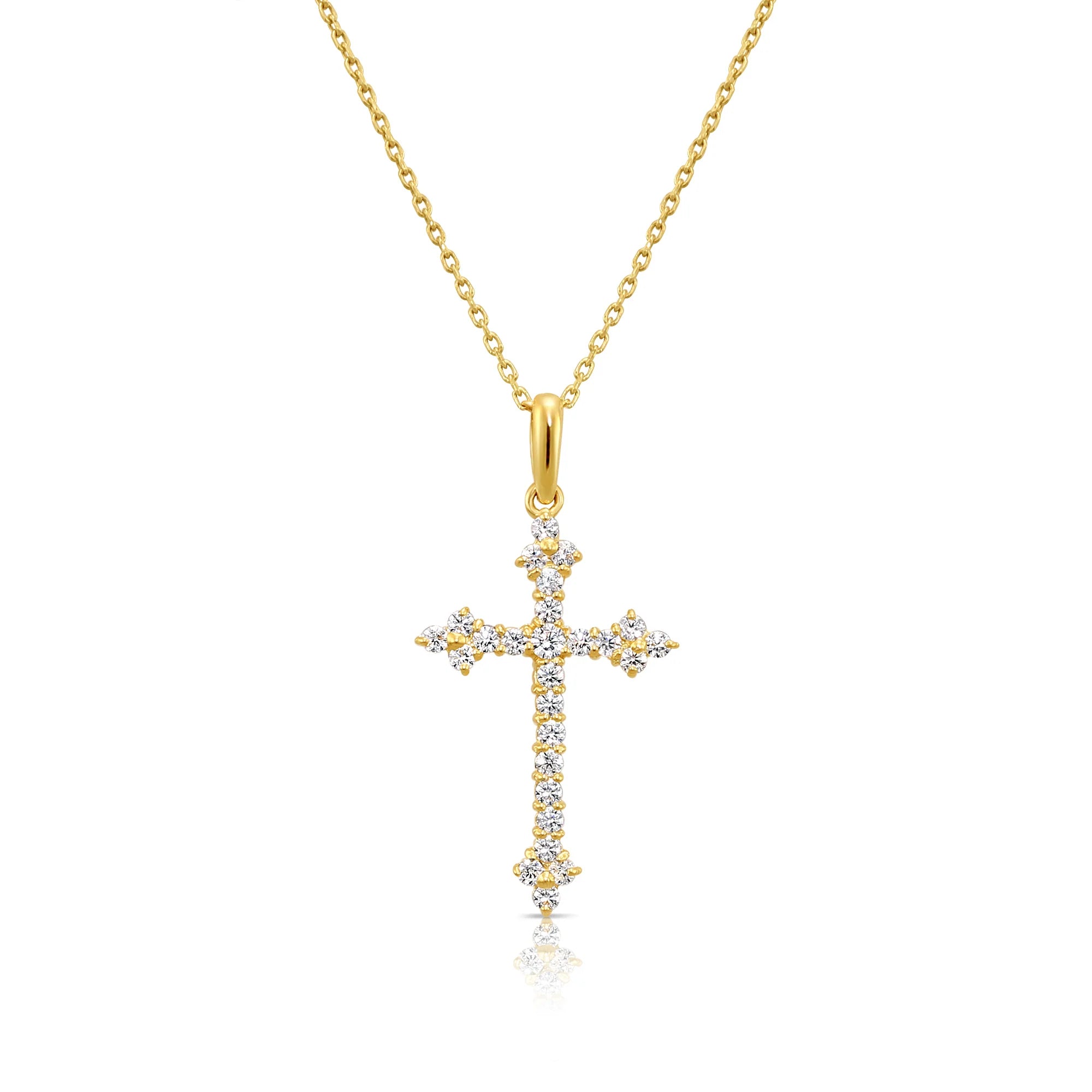 14K Yellow Gold CZ Cross Pendant Necklace