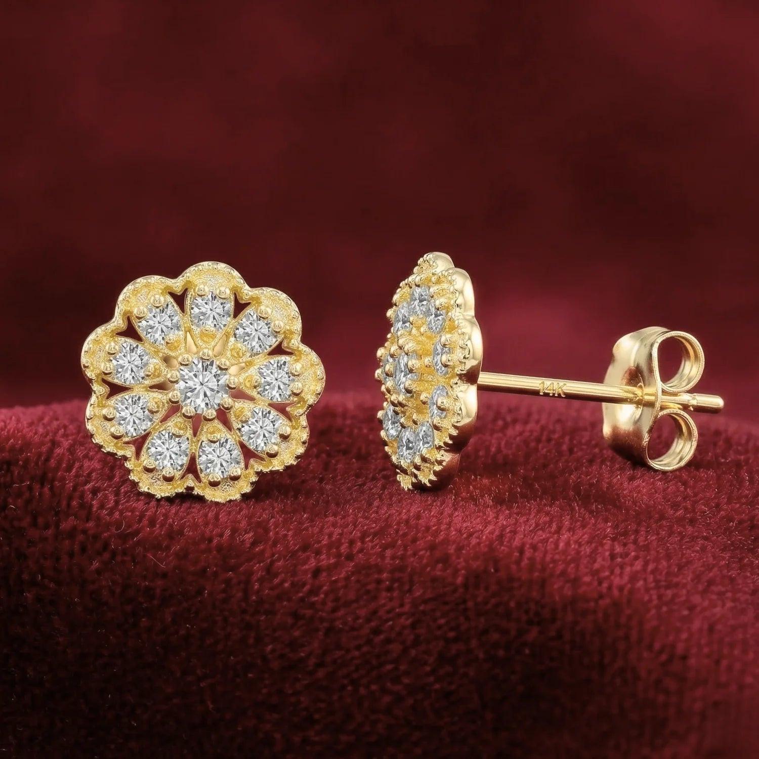 Stunning 14K Gold Lab Diamond Flower Halo Stud Earrings - 0.18Ctw with Secure Pushbacks.