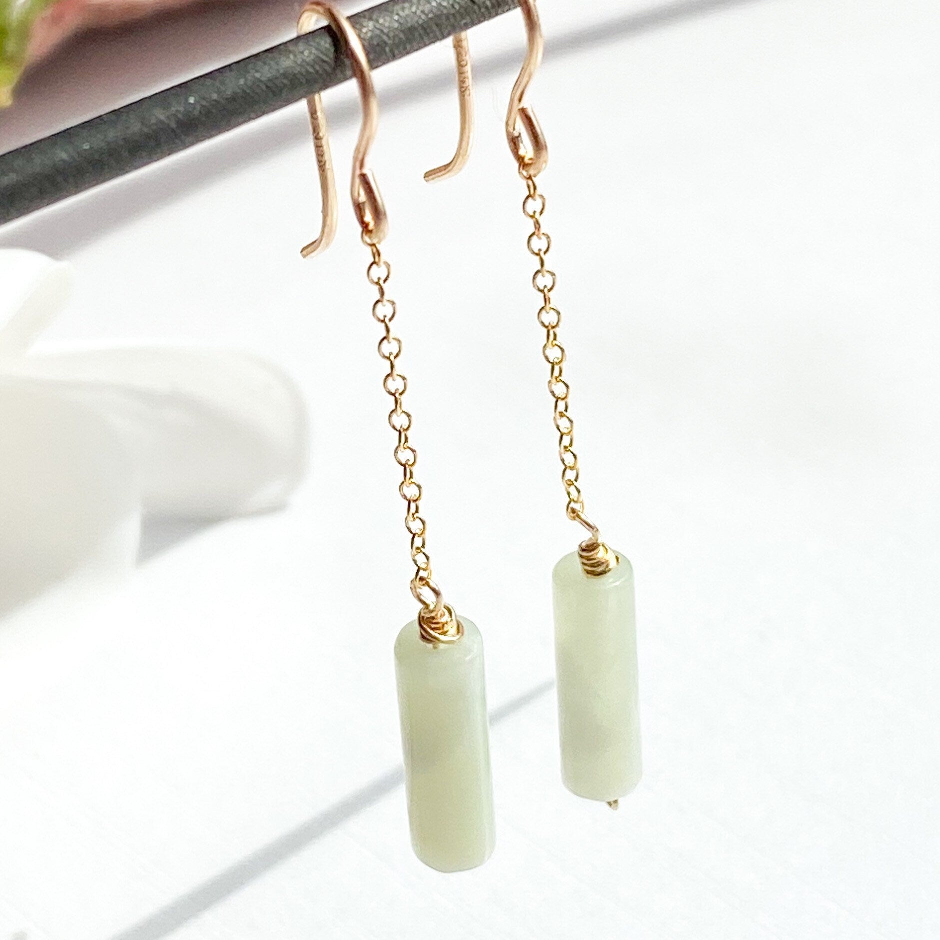 Pale Green Jade Dangle Chain Earrings, Sterling Silver 14K Gold Rose Gold Filled, Dainty Jade Column Tube Gemstone Chain Drop Hook Earrings