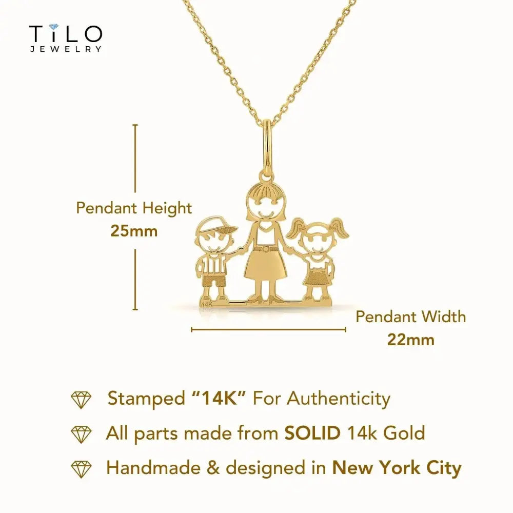 Beautiful 14K Yellow Gold Mom and Children Pendant Necklace.